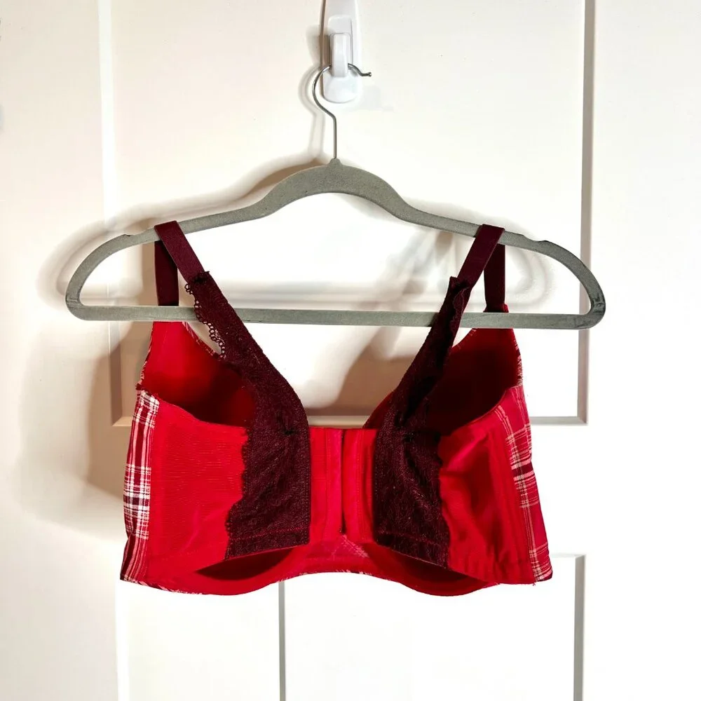 Cacique Lightly Lined Balconette Red Plaid Lace Straps Bra Sexy Holiday Plus 38H - Picture 3 of 5